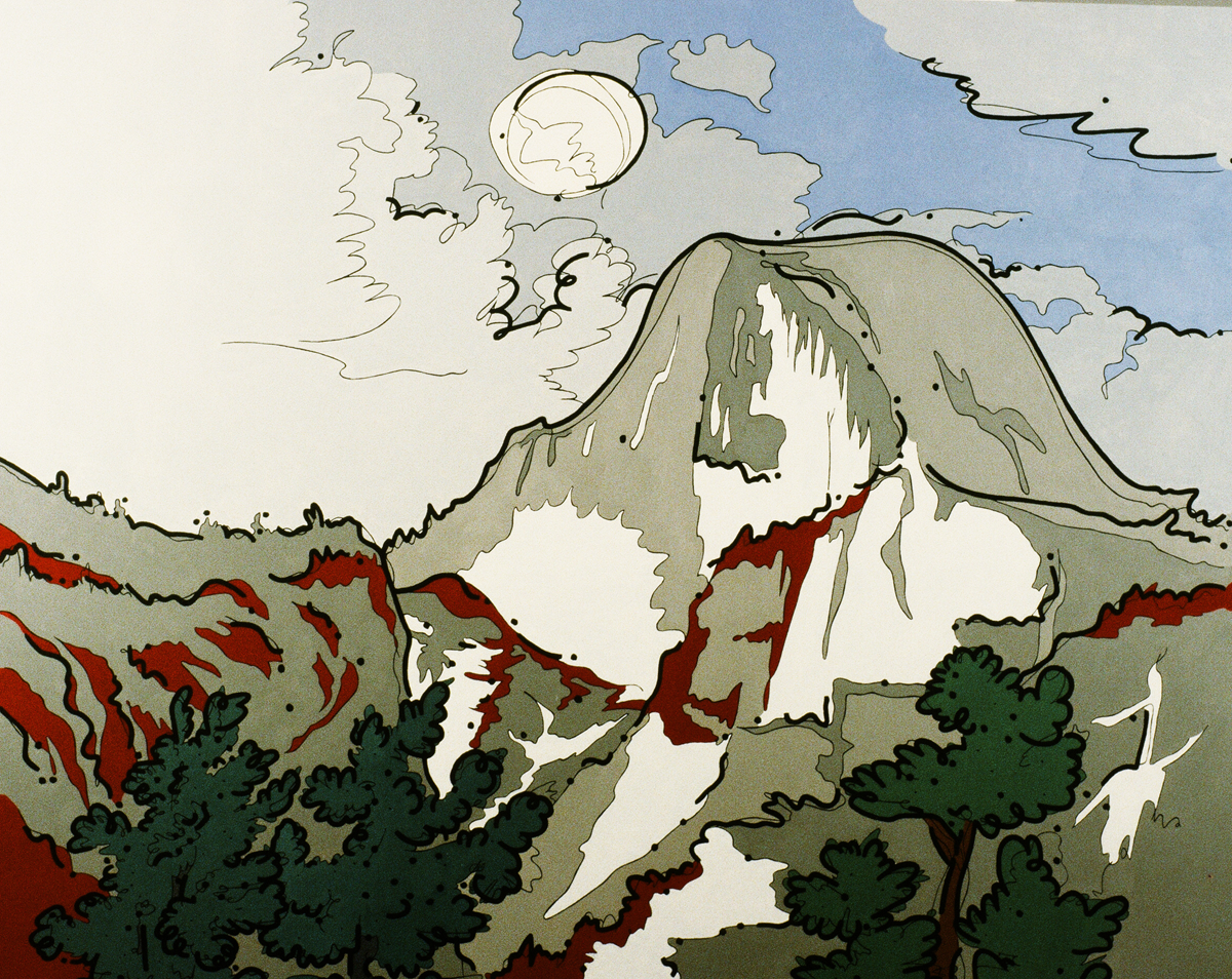 Steve Justice Painting Title: Fool Moon Over Half Dome SOLD Material: oil on canvas Size: 56x72 Year: 1990 “We all move on the fringes of eternity and are sometimes granted vistas through the fabric of illusion.” -- Ansel Adams “Fool Moon” is a colorization of a classic Ansel Adams subject, with a remark on our misguided environmental attitudes.