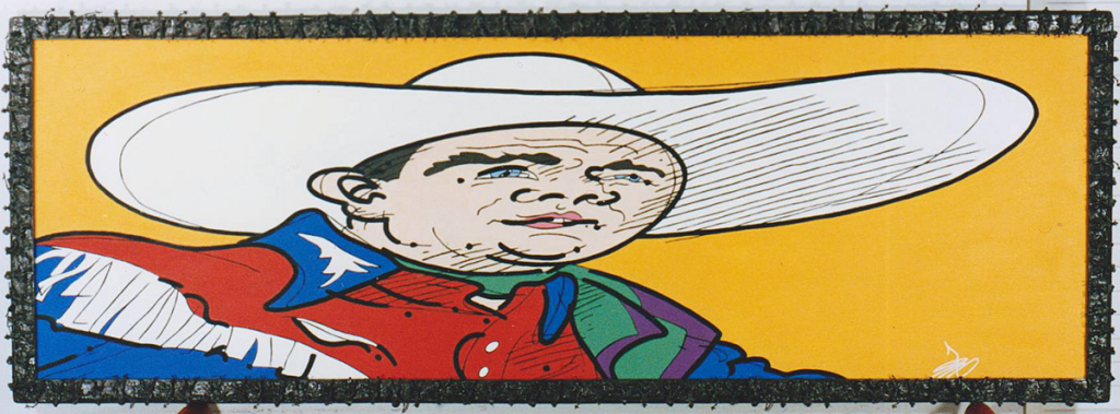 Steve Justice Studio: Painting Title: The Long Rider at Dawn or Sunset SOLD Material: oil on canvas Size: 24x72 Year: 1991 “We were so far back in the woods, they almost had to pipe in sunlight.” -- Roy Rogers “The Long Rider” is a portrait of Roy Rogers, with a faux bronze frame built with toy cowboys and Indians.